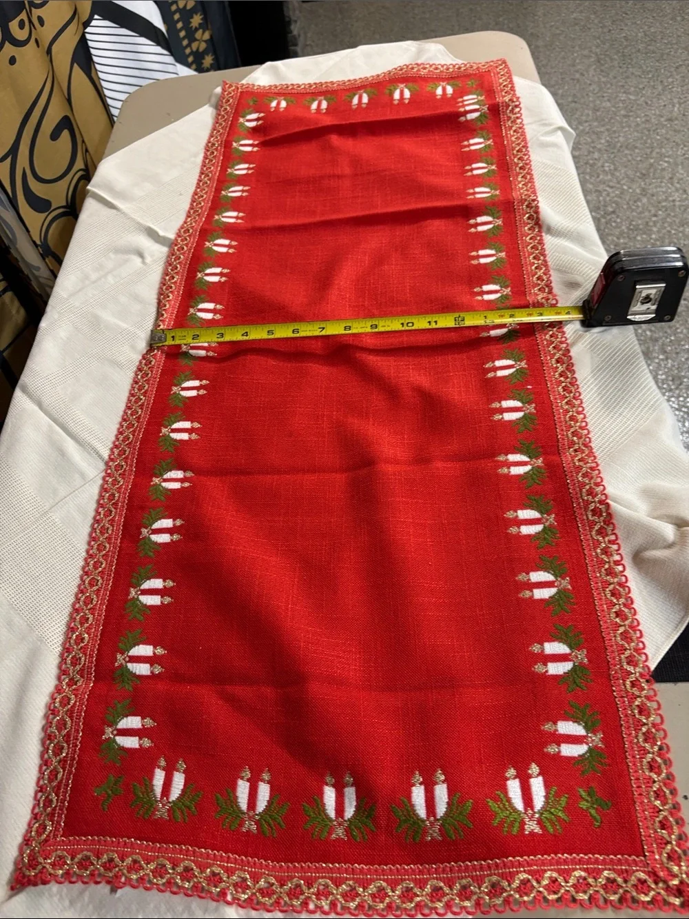 39” Long 16” Wide Red Holiday Candle Embroidered Table Runner